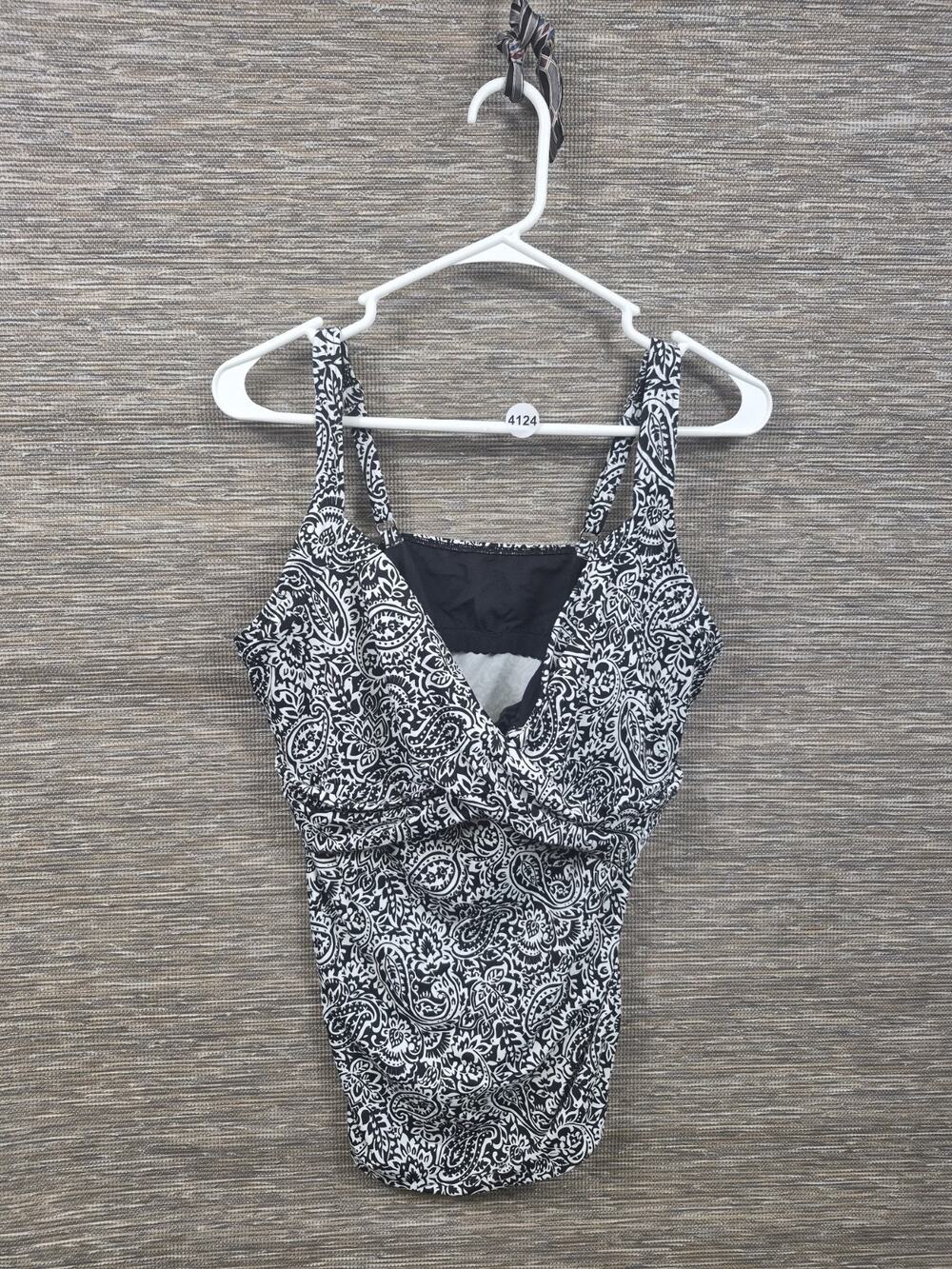 Land's End Paisley Tankini Swim Top Black White Twist Front Womens 16 Swimsuit